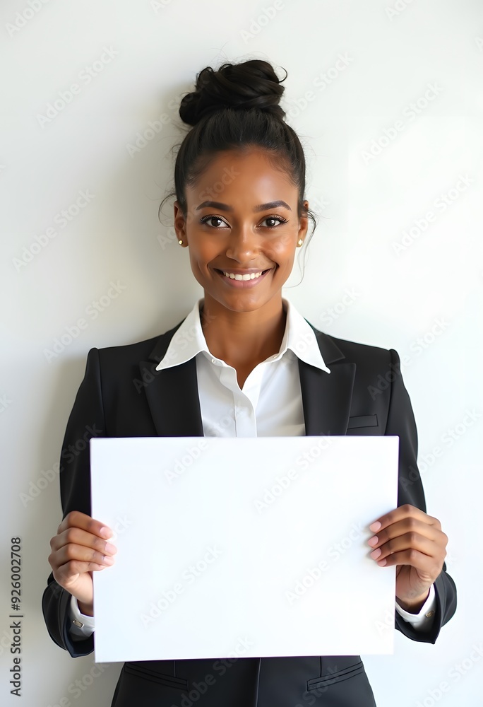 Professional Woman Holding Blank Sign in Business Attire for Customizable Corporate Message or Branding Professional Woman Holding Blank Sign in Business Attire for Customizable Corporate Message or Branding