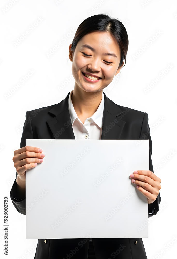 Professional Woman Holding Blank Sign in Business Attire for Customizable Corporate Message or Branding Professional Woman Holding Blank Sign in Business Attire for Customizable Corporate Message or Branding
