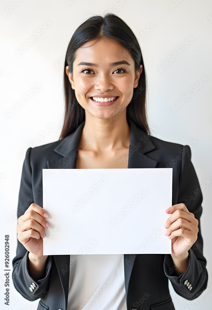 Professional Woman Holding Blank Sign in Business Attire for Customizable Corporate Message or Branding Professional Woman Holding Blank Sign in Business Attire for Customizable Corporate Message or Branding