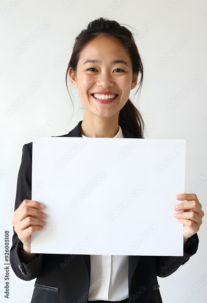 Professional Woman Holding Blank Sign in Business Attire for Customizable Corporate Message or Branding Professional Woman Holding Blank Sign in Business Attire for Customizable Corporate Message or Branding