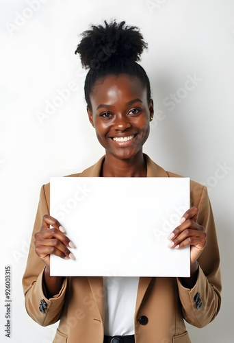 Professional Woman Holding Blank Sign in Business Attire for Customizable Corporate Message or Branding
