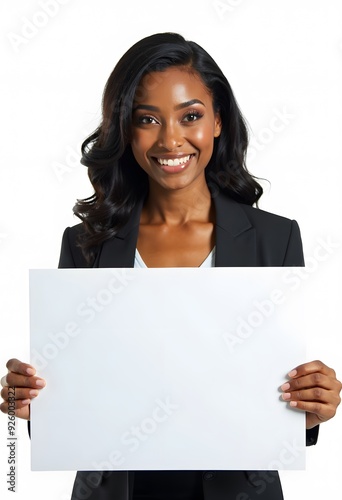 Professional Woman Holding Blank Sign in Business Attire for Customizable Corporate Message or Branding