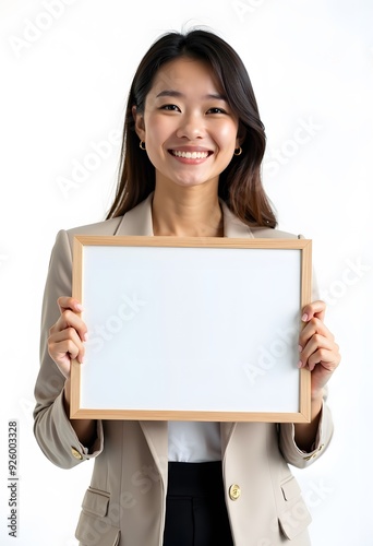 Professional Woman Holding Blank Sign in Business Attire for Customizable Corporate Message or Branding