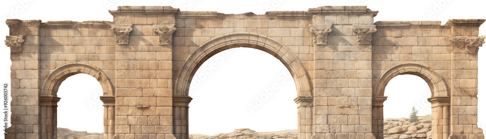 Fototapeta premium An ancient stone archway showcasing intricate details and historical significance in a scenic backdrop.
