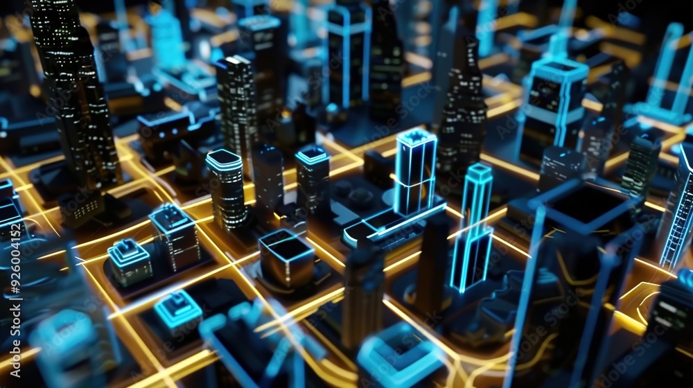 Futuristic cityscape with neon lights and tall buildings Futuristic cityscape with neon lights and tall buildings
