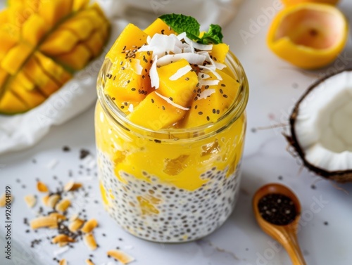 A delicious mango chia pudding topped with fresh mango and coconut flakes.