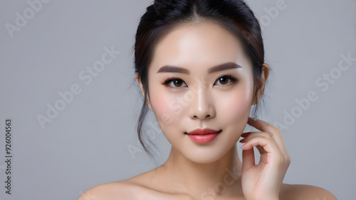 Portrait of an Asian female model, beautiful, confident and generous, smiling at the camera, with clean and smooth skin, cosmetics product image