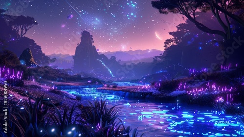 alien landscape , bioluminescent plants , glowing rivers , vibrant alien world