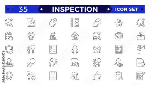 Inspection web icons set in thin line design. Pack of inspection, hire, calculation money, coaching, protection, cooperation, success, task, other outline stroke pictograms.