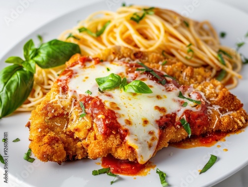 A delicious plate of chicken parmesan served with spaghetti and garnished with basil.
