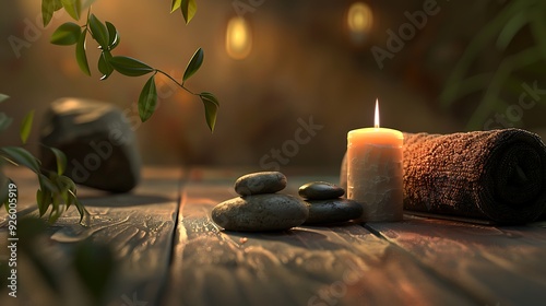 A peaceful spa setting with a lit candle, smooth stones, and a rolled-up towel, placed on a wooden surface with soft ambient lighting. 8k UHD, suitable for high-quality printing or digital display. 