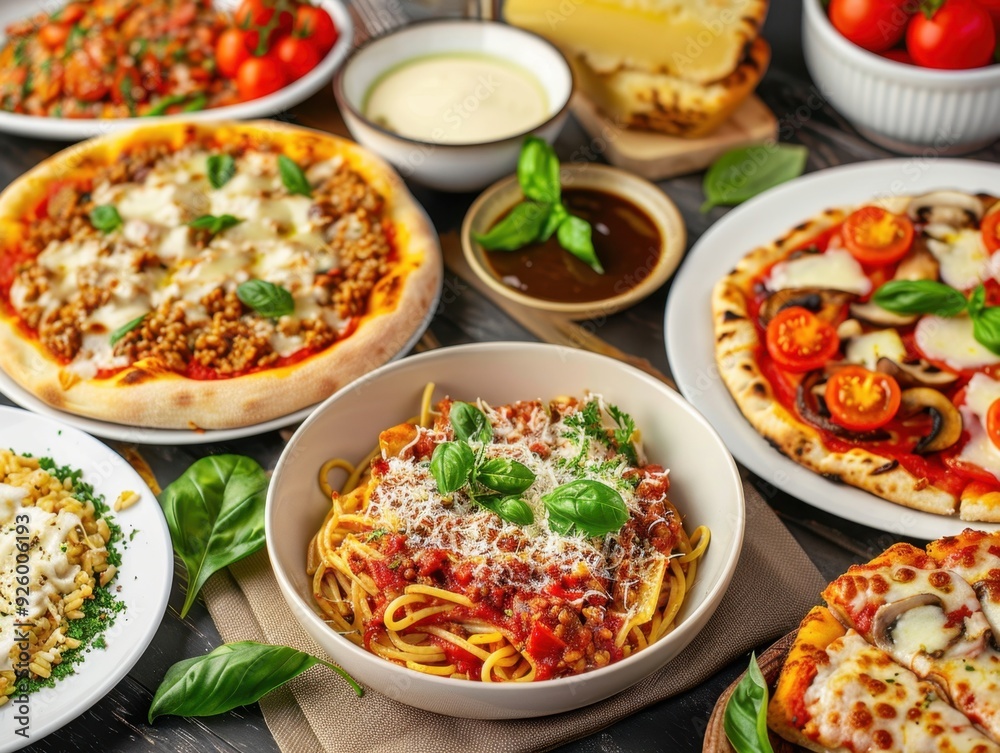 A delicious spread of Italian dishes including pasta, pizza, and fresh ingredients. A delicious spread of Italian dishes including pasta, pizza, and fresh ingredients.