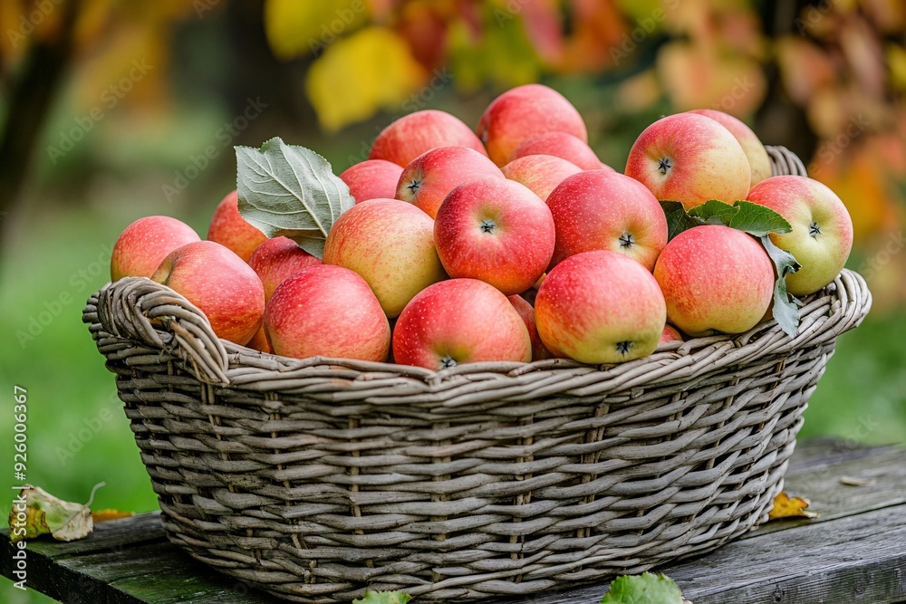 Freshly picked apples are displayed in a wicker basket, with natural light highlighting their rustic Freshly picked apples are displayed in a wicker basket, with natural light highlighting their rustic