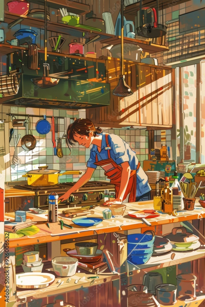 Obraz premium Young Woman Prepares Meal in Bright, Plant-Filled Kitchen with Modern Decor for Spring