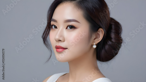 Portrait of an Asian female model, beautiful, confident and generous, smiling at the camera, with clean and smooth skin, cosmetics product image