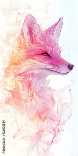 Fox head made of liquid, vector illustration on a white background. The color palette is a dreamy, pastel blend of light pinks and yellows photo