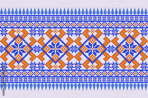 Traditional cross stitch needlework Geometric ethnic pattern . pixel horizontal Seamless vector Native ethnic pattern cross stitch border fabric clothing textile knitwear print texture