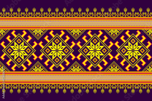 Traditional cross stitch needlework Geometric ethnic pattern . pixel horizontal Seamless vector Native ethnic pattern cross stitch border fabric clothing textile knitwear print texture