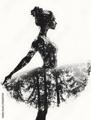 Silhouette of a ballerina double exposure with a forest photo