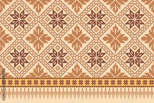 Traditional cross stitch needlework Geometric ethnic pattern . pixel horizontal Seamless vector Native ethnic pattern cross stitch border fabric clothing textile knitwear print texture