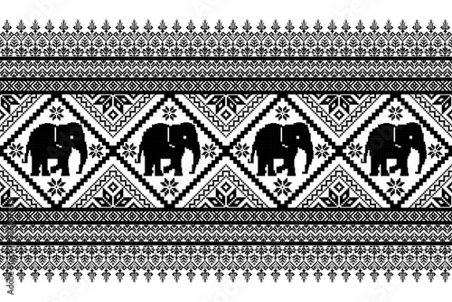 Geometric ethnic pixel pattern . Thai elephant border,Elephant cross-stitch work. Design for cross stitch ethnic fabric ,textile photo