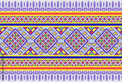 Traditional cross stitch needlework Geometric ethnic pattern . pixel horizontal Seamless vector Native ethnic pattern cross stitch border fabric clothing textile knitwear print texture