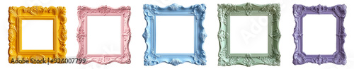 Ornate picture frames in bright colors with intricate details vintage style transparent background