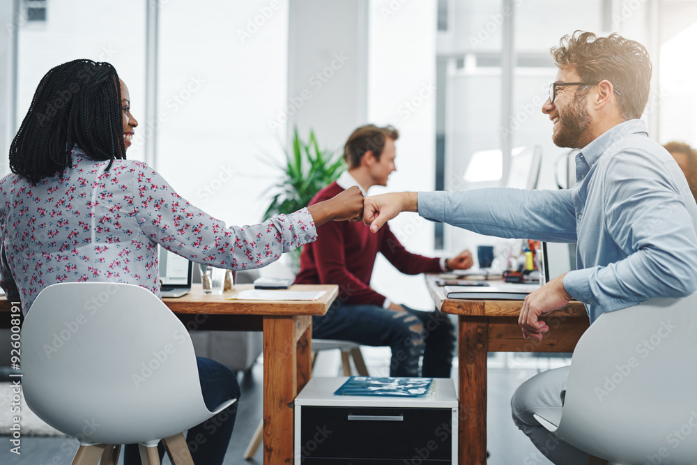 Man, woman and fist bump for small business, success and creative startup with online web design. Designers, diversity and digital website for internet service, project management and ux proposal