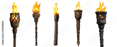 Ornate flaming torches in medieval style detailed and decorative lighting transparent background photo