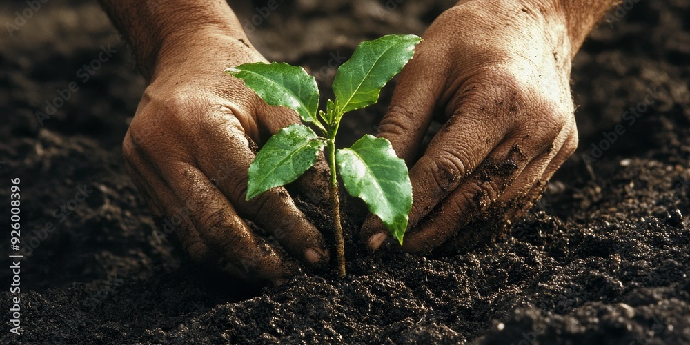 Close-up of a person planting a tree seedling in rich soil, highlighting the hands-on efforts in environmental conservation and reforestation Close-up of a person planting a tree seedling in rich soil, highlighting the hands-on efforts in environmental conservation and reforestation