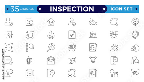 Inspection web icons set in thin line design. Pack of inspection, hire, calculation money, coaching, protection, cooperation, success, task, and other Editable stroke outline icons. pictograms. 