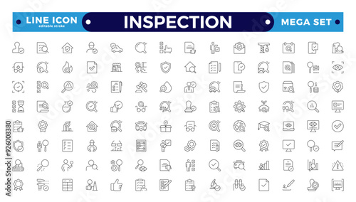 Inspection web icons set in thin line design. Pack of inspection, hire, calculation money, coaching, protection, cooperation, success, task, and other Editable stroke outline icons.  pictograms. 
