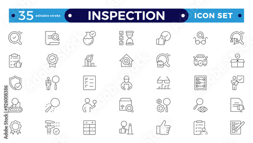 Inspection web icons set in thin line design. Pack of inspection, hire, calculation money, coaching, protection, cooperation, success, task, and other Editable stroke outline icons.  pictograms. 
