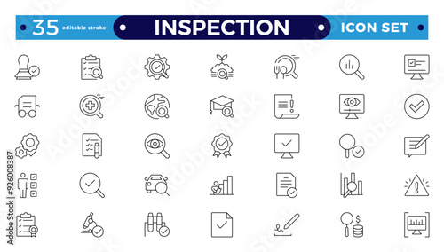 Inspection web icons set in thin line design. Pack of inspection, hire, calculation money, coaching, protection, cooperation, success, task, and other Editable stroke outline icons.  pictograms. 
