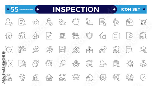 Inspection web icons set in thin line design. Pack of inspection, hire, calculation money, coaching, protection, cooperation, success, task, and other Editable stroke outline icons.  pictograms. 
