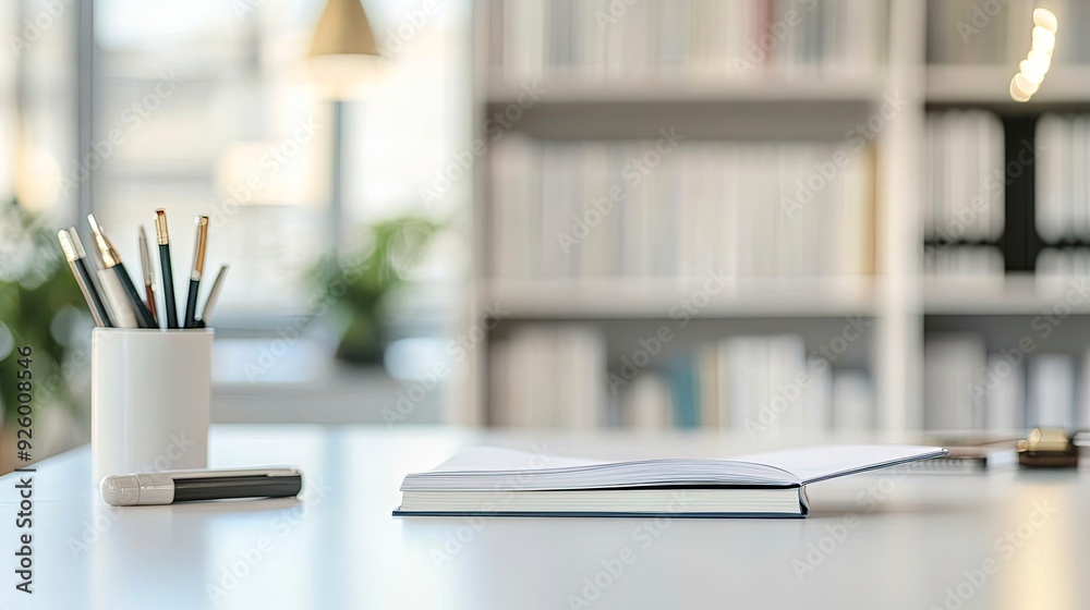 Cropped shot of white table with books, stationery and copy space in blurred study room. generative ai Cropped shot of white table with books, stationery and copy space in blurred study room. generative ai