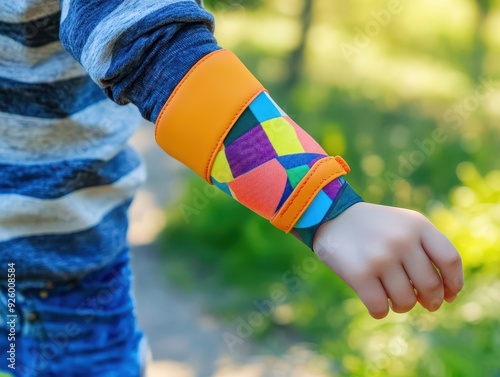 Child wearing a colorful elbow brace, playing outdoors with confidence, elbow support, child safety and injury prevention