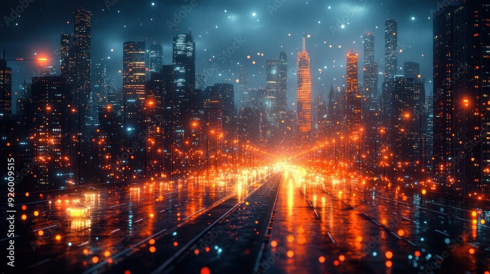 Night Cityscape with Rain and Lights