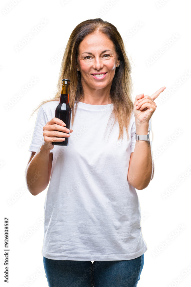 Middle age hispanic woman drinking beer over isolated background very happy pointing with hand and finger to the side Middle age hispanic woman drinking beer over isolated background very happy pointing with hand and finger to the side