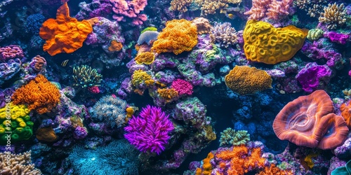 Macro shot of a vibrant coral reef underwater with diverse marine life, illustrating the richness and color of aquatic natural landscapes