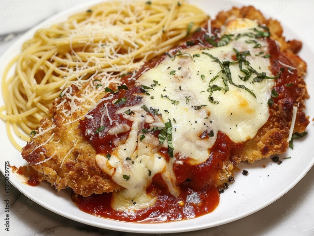 A plate of crispy chicken topped with marinara sauce, melted cheese, and a side of spaghetti. A plate of crispy chicken topped with marinara sauce, melted cheese, and a side of spaghetti.