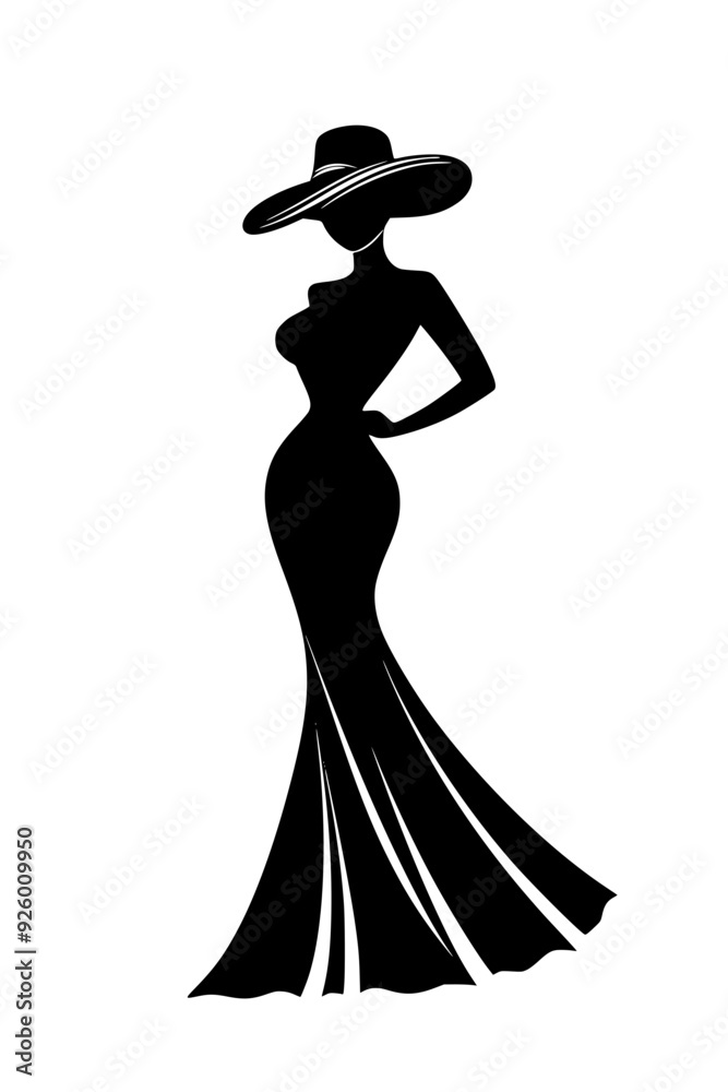 Elegant black and white fashion illustration of a woman in a dress and hat, Chic black and white silhouette illustration of a stylish woman wearing a long dress and a wide-brimmed hat, representing el Elegant black and white fashion illustration of a woman in a dress and hat, Chic black and white silhouette illustration of a stylish woman wearing a long dress and a wide-brimmed hat, representing el