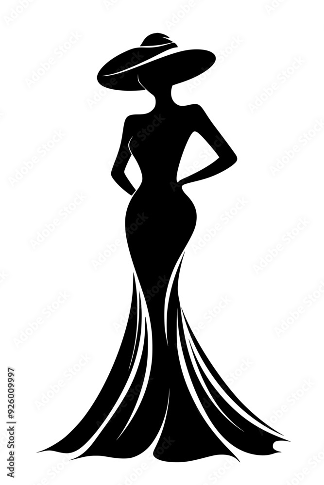 Elegant black and white fashion illustration of a woman in a dress and hat, Chic black and white silhouette illustration of a stylish woman wearing a long dress and a wide-brimmed hat, representing el Elegant black and white fashion illustration of a woman in a dress and hat, Chic black and white silhouette illustration of a stylish woman wearing a long dress and a wide-brimmed hat, representing el