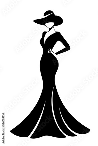 Elegant black and white fashion illustration of a woman in a dress and hat, Chic black and white silhouette illustration of a stylish woman wearing a long dress and a wide-brimmed hat, representing el