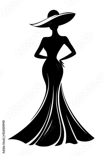 Elegant black and white fashion illustration of a woman in a dress and hat, Chic black and white silhouette illustration of a stylish woman wearing a long dress and a wide-brimmed hat, representing el