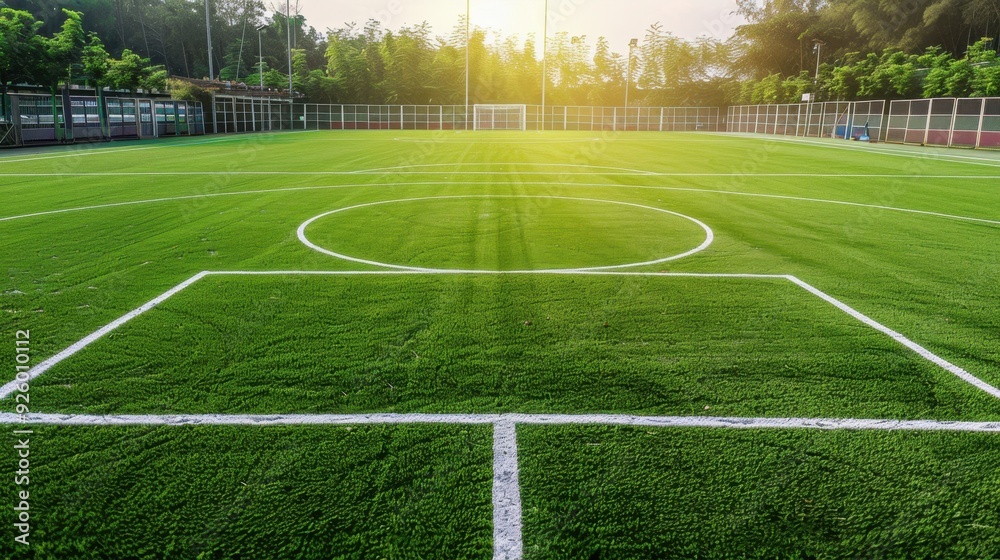 Obraz premium Empty soccer field with crisp white lines.