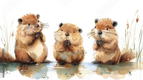 Three cute cartoon beavers sitting in a row on a pond bank, watercolor illustration.