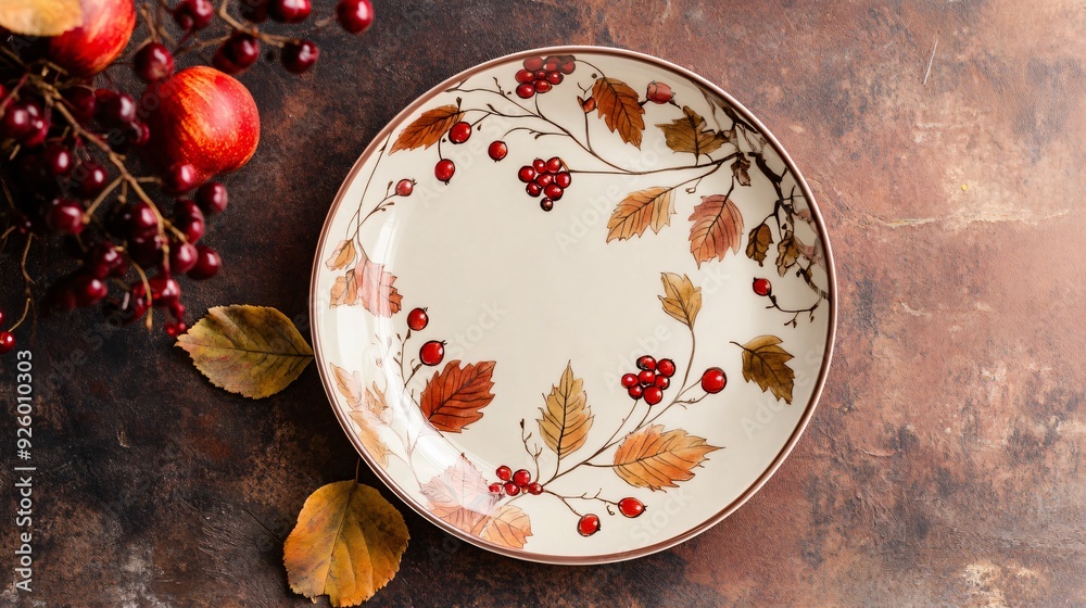 Elegant ceramic plates with intricate fall motifs like golden leaves and deep red berries, set against a warm autumnal backdrop Elegant ceramic plates with intricate fall motifs like golden leaves and deep red berries, set against a warm autumnal backdrop