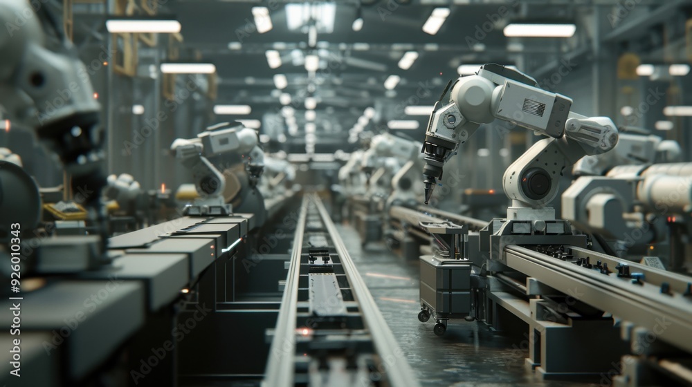 Factory interior with robotic production line. Factory interior with robotic production line.