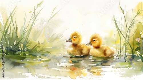 Two cute ducklings are swimming in a pond surrounded by green grass and flowers